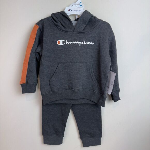 NWT Champion 2 Piece Sweatsuit /Jogger Set Sz 24M Gray/Orange Sweatshirt Sweats - Picture 1 of 6